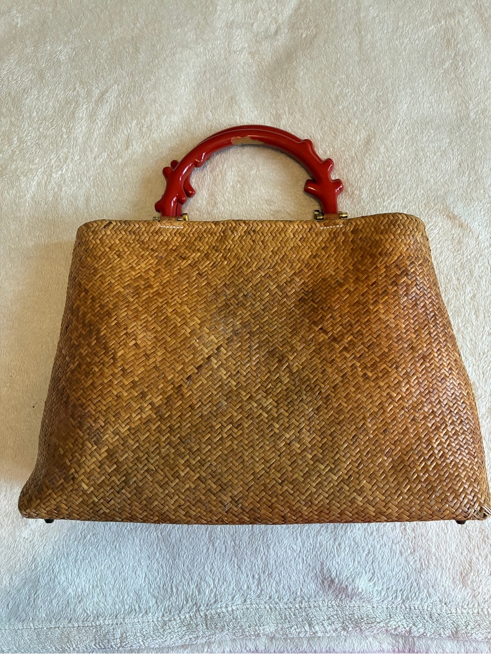 Woven Straw Top-Handle Bag with Red Accent Handle from Thailand